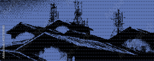 Urban skyline at dusk with detailed rooftop structures and communication towers illuminated in the twilight