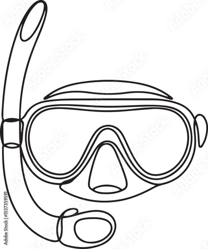 Continuous line art drawing of snorkeling water mask with tube