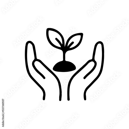 Minimalist hands nurturing a seedling vector illustration, symbolizing growth, sustainability, and environmental care. Ideal for eco-friendly projects and nature-themed designs. Black and white icon.