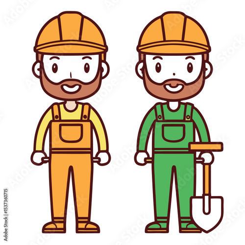 Two Cartoon Construction Workers Orange and Green Overalls Hard Hats One Holding Shovel