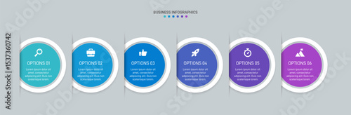 Horizontal progress bar featuring 6 arrow-shaped elements, symbolizing the six stages of business strategy and progression. Clean timeline infographic design template. Vector for presentation