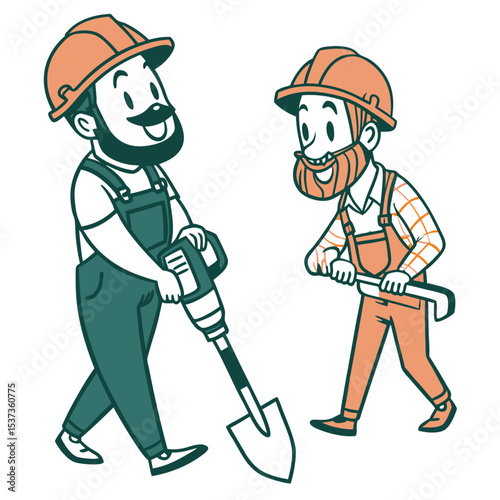 Two Cartoon Construction Workers with Beards Orange Helmets Teal Overalls Using Tools