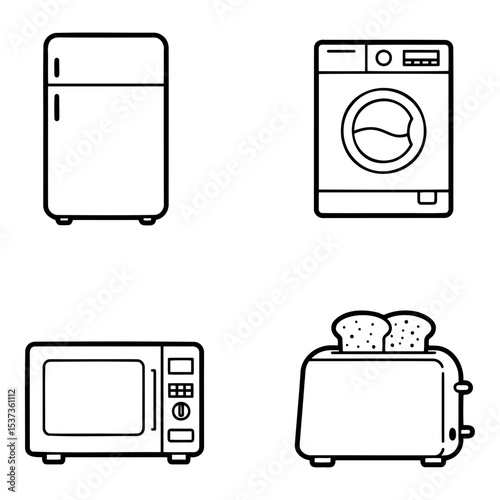 Home appliance icons: refrigerator, washing machine, microwave, toaster, minimalistic line design