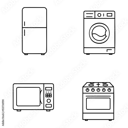 Home appliance icons set: refrigerator, washing machine, microwave, stove, simple line design