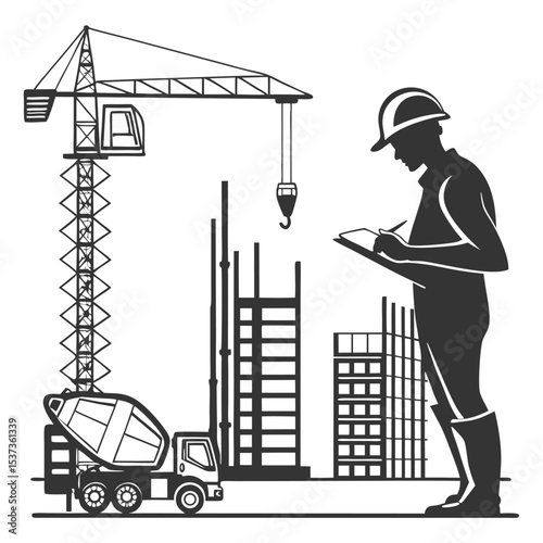 Construction Site Foreman Reviewing Plans Concrete Mixer Crane Building Frame Steel Structure