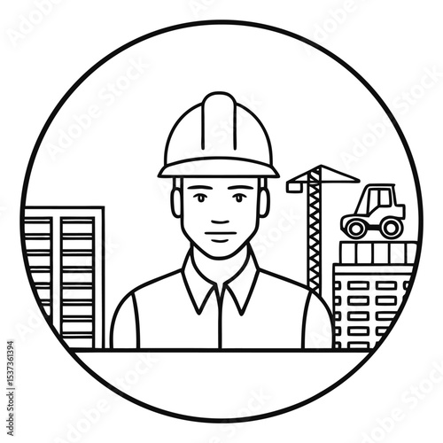 Construction Worker Icon Line Art Black White Building Crane Loader Safety Helmet