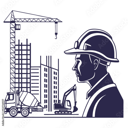 Construction Worker Profile View with Crane Excavator Cement Mixer and Building Under