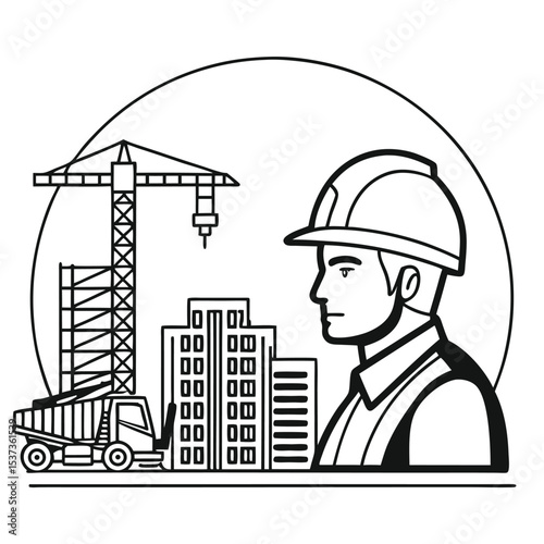 Construction Worker Profile with Crane Dump Truck and Building Line Art Black and White Illustration