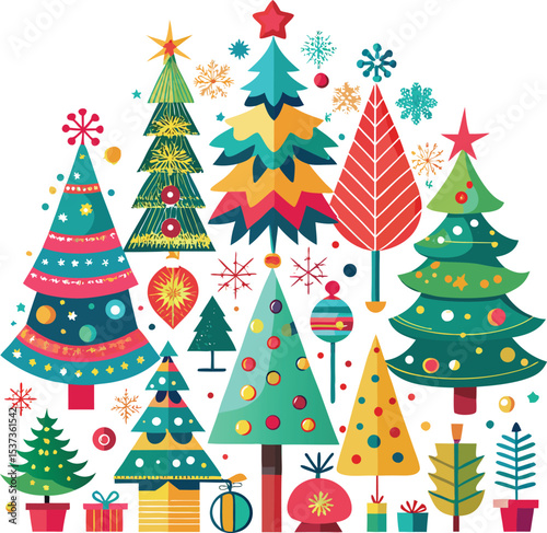 Festive Christmas Tree Collection with Colorful Ornaments and Decorations on White