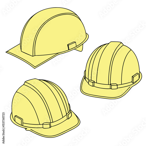 Three Pale Yellow Hard Hats Safety Helmets Construction Worker Head Protection Equipment Line Art