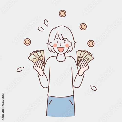 Woman showing dollar bills with happy face.Showing money in front vector design illustrations