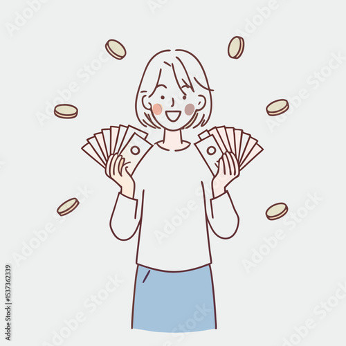 Woman showing dollar bills with happy face.Showing money in front vector design illustrations