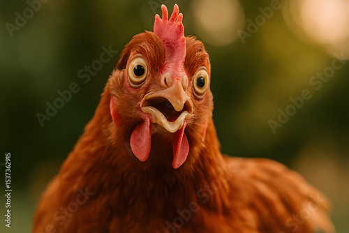 A curious Rhode Island Red hen stares intently at the camera against a blurred green background perfect for poultry farming or agriculture content