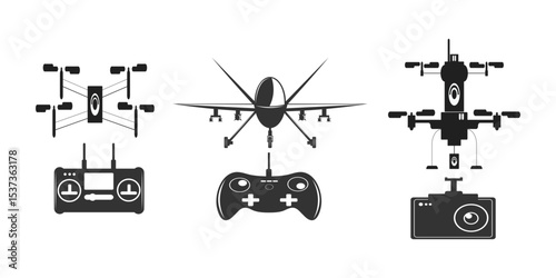 Set of drone illustrations with various remote controllers and aerial camera equipment