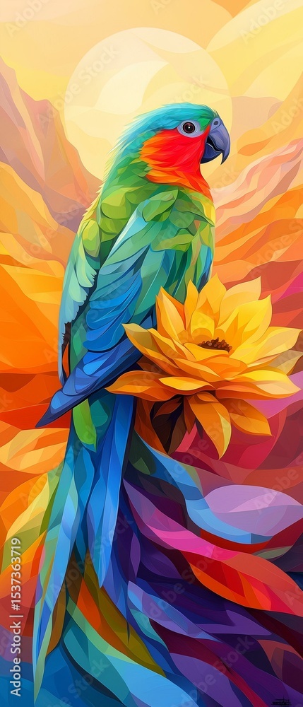Obraz premium Digital illustration of a colorful parrot sitting on top of a yellow flower. the parrot has a bright green body with blue and red feathers on its head and wings.