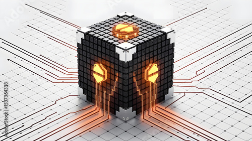 A smart contract vault — a physical cube with embedded blockchain nodes, LED pulse indicators for real-time status, concept of decentralized business security, white background