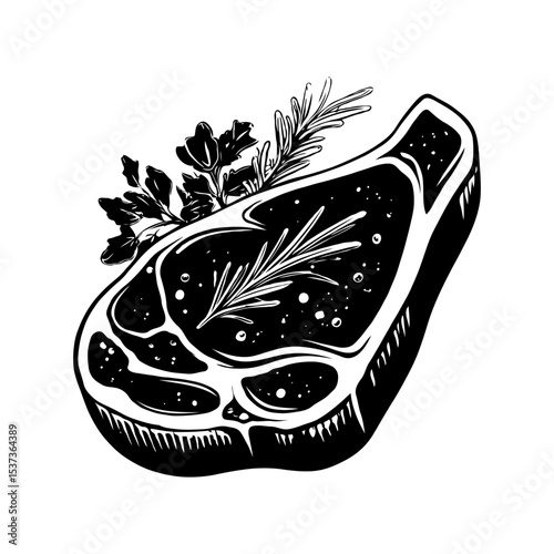 Raw steak with rosemary and herbs, hand-drawn ink sketch style on white background, concept of cooking, food preparation and butcher cuts