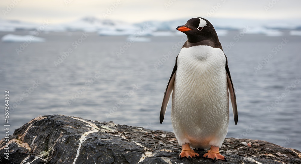 Naklejka premium Majestic Gentoo Penguin Perched on Antarctic Rock, Ocean Background