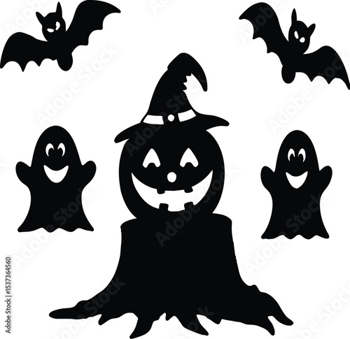 Halloween Silhouette Illustration with Pumpkin Ghosts and Bats on White Background