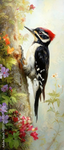 Digital painting of a woodpecker perched on a tree trunk. the bird is facing towards the right side of the image and its head is turned slightly to the left.