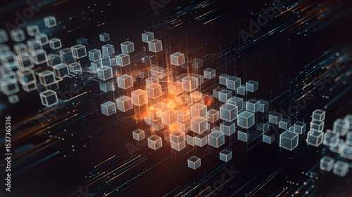 A digital marketplace represented as a glowing network of interconnected cubes floating in space, each cube symbolizing a unique product category, futuristic commerce concept