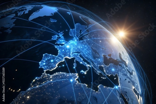 Dark Abstract Background With Glowing Blue Earth And Network Lines