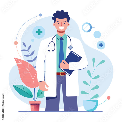 Male Doctor Vector Illustration in Modern Flat Style – Medical Professional, Healthcare Concept