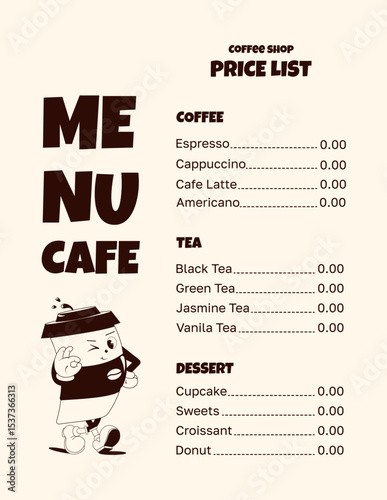 Menu design for a coffee shop. Cafe menu template, delivery service. Mascot coffee paper cup. Vector illustration.