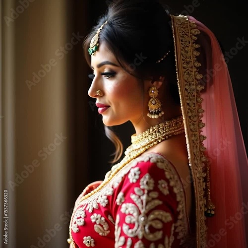 Graceful Indian Bride in Red Embroidered Lehenga Turning with Smile – Medium Side Portrait in Soft Indoor Lighting