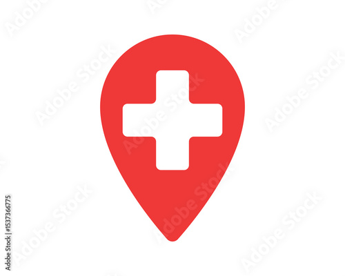 Red map pin with a white cross inside, symbolizing healthcare location or medical services. Modern design, perfect for websites, apps,  presentations.