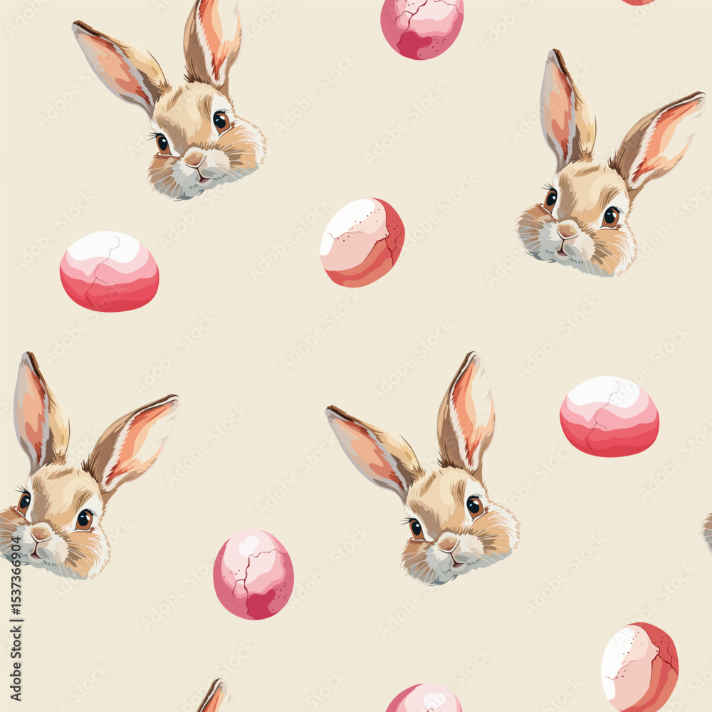 Fototapeta premium Seamless pattern with Easter bunny, flowers, eggs in watercolour style. Happy esater concept. Spring flowers, eggs, grass.