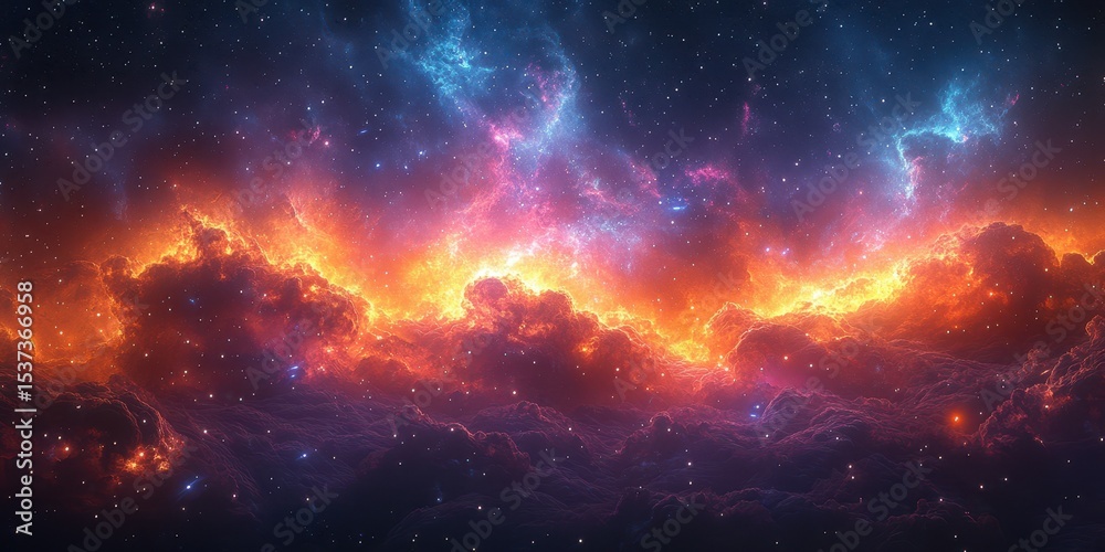 Fototapeta premium Vibrant cosmic nebula with colorful clouds and stars in deep space during twilight hours