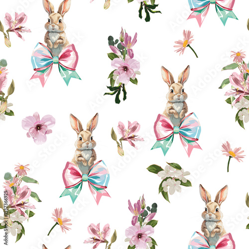 Seamless pattern with Easter bunny, flowers, eggs in watercolour style. Happy esater concept. Spring flowers, eggs, grass.