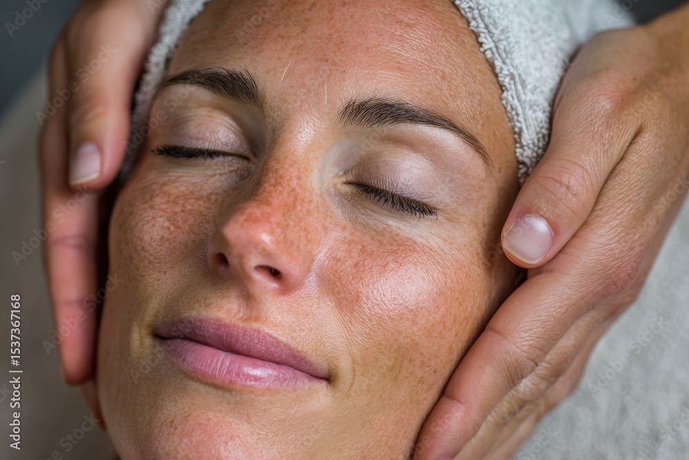 Obraz premium Close-up shot of a serene woman with freckles receiving a facial massage, her eyes closed, hands softly touching her face, enjoying a moment of relaxation and wellness.