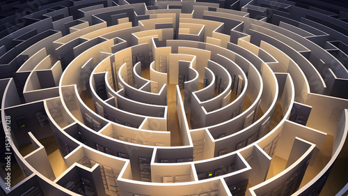 A circular maze made of KPI dashboards, with paths shaped by performance indicators and exits aligned with strategic goals, conceptual data visualization