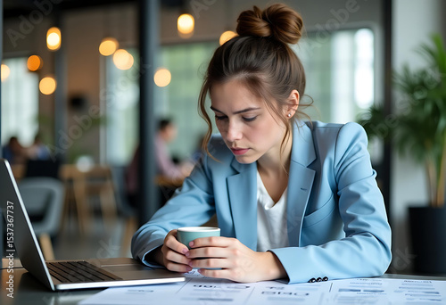 Young Businesswoman Struggling with Financial Stress at Office Table with Laptop and Documents; Ideal for economic downturn coverage, stock market impact stories, business-related editorial content