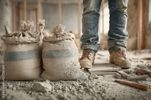 Close-up of construction worker's legs and filled sandbags on messy concrete floor, showcasing building materials, and tools during interior renovation project site.