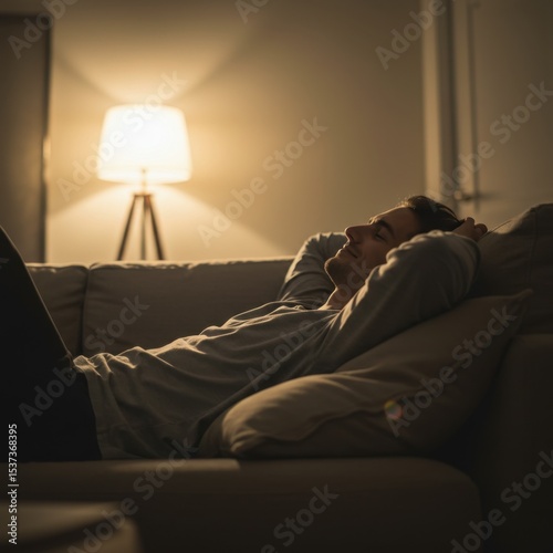 Man Relaxing on a Grey Couch at Night