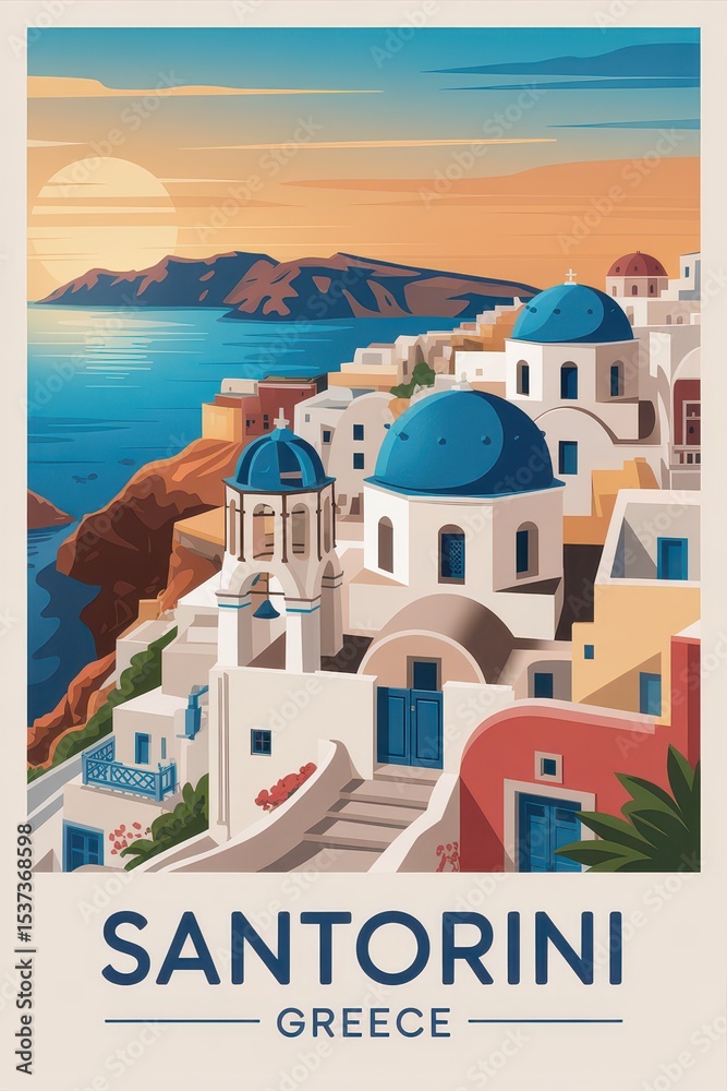Obraz premium Retro Travel Poster of Santorini Island at Sunset, Greece