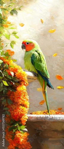 Digital painting of a green parrot perched on a branch. the parrot has a bright orange head and wings, and its body is a mix of green and blue feathers.