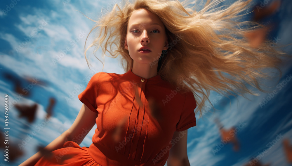 Naklejka premium Elegant woman with flowing hair wearing bright orange dress against a vibrant blue sky filled with clouds
