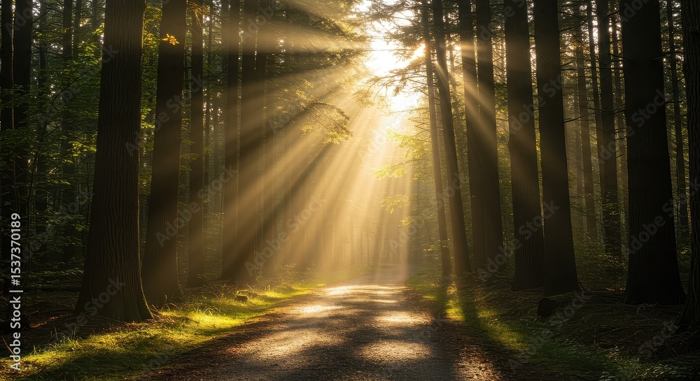 Obraz premium Golden sunbeams pierce a misty forest path, illuminating a tranquil woodland scene