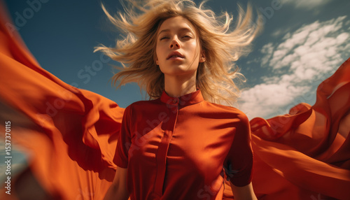 Woman in flowing red dress against dramatic sky creates a sense of freedom and movement
