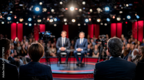 Intense televised political debate with candidates seated on stage, spotlight shining, audience watching attentively, cameras capturing every detail