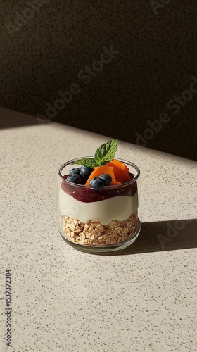 Layered dessert of granola, creamy Greek yogurt and berry jam topped with fresh blueberries, mango pieces and a sprig of mint in a glass jar on a beige textured surface