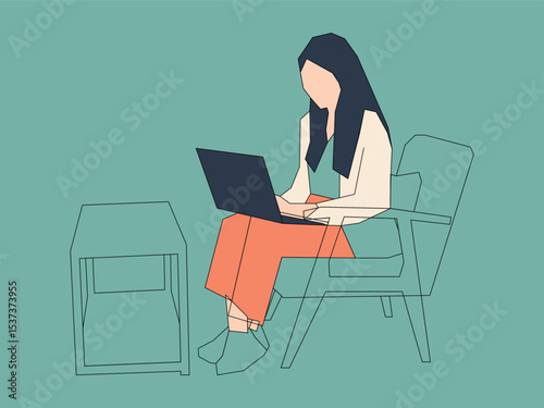 A girl is using a laptop vector illustration