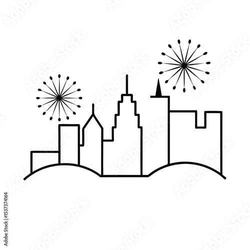 Vibrant city skyline at night with colorful fireworks display
