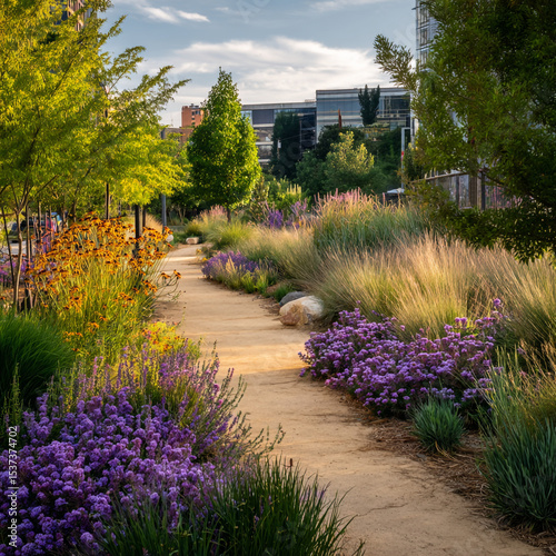 A winding path through a garden with purple flowers and tall grasses under a cloudy sky at daytime