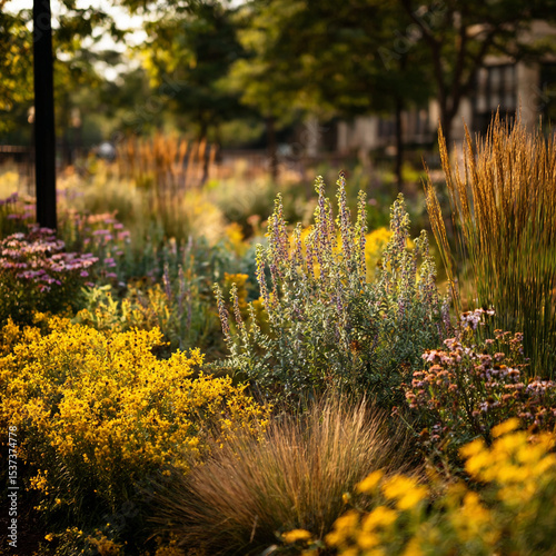 A vibrant garden landscape featuring a variety of colorful flowers and lush green foliage in natural light