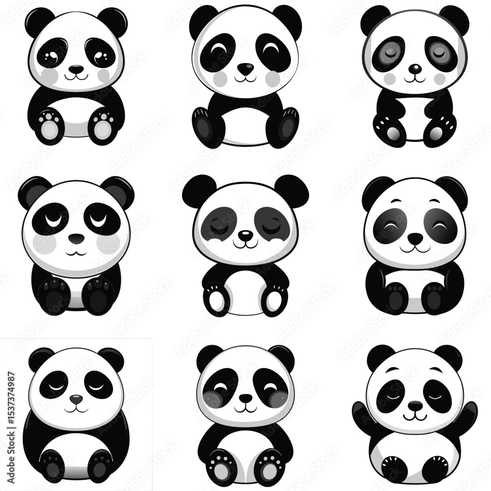 Naklejka premium Adorable Baby Pandas Adorably Posed in Various Cute Illustrations